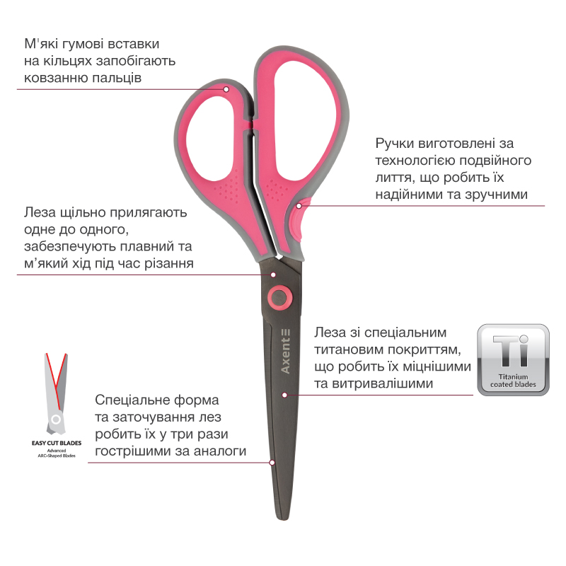 Ножиці Axent Titanium Lite 6406-02-A, 19 см, з прогумованими ручками, сіро-рожеві